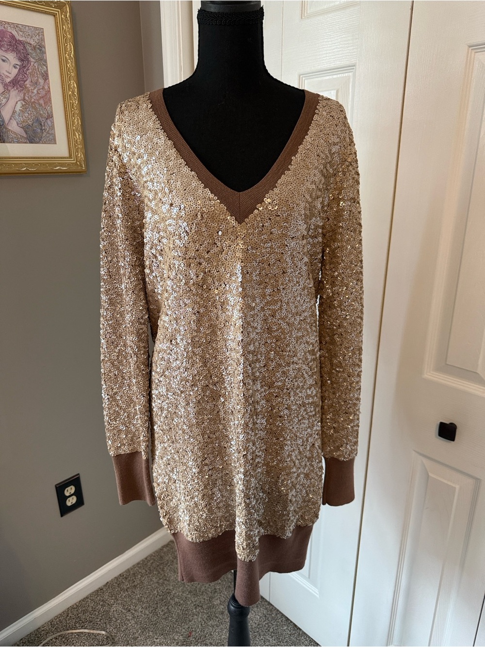 Sequin V-Neck Tunic Sweater Dress in Champagne and Brown